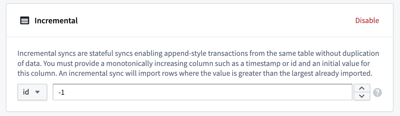 The Incremental configuration panel in the Edit syncs page