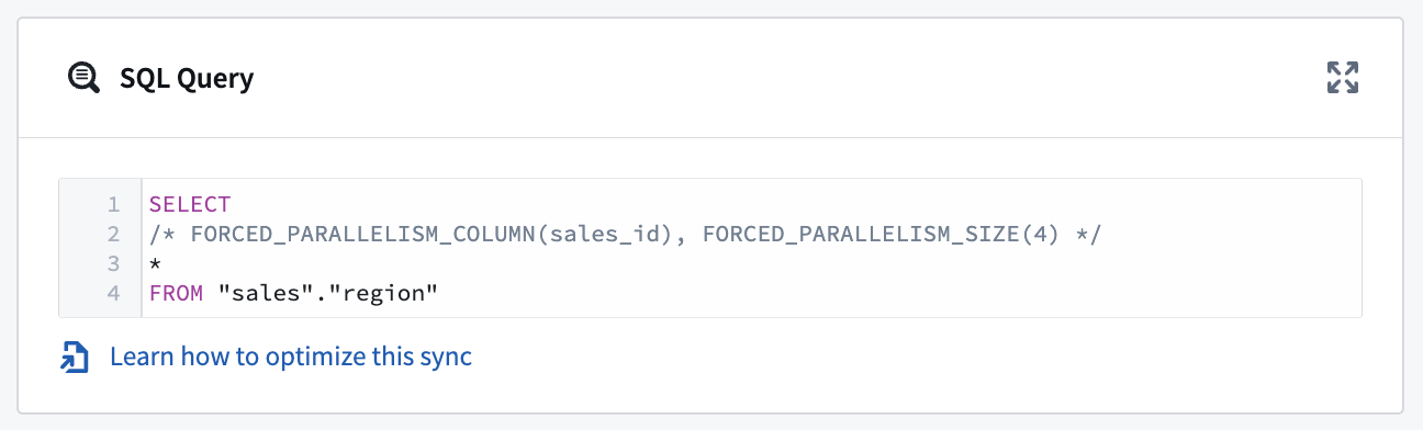 The parallelism example explained above, entered into the JDBC sync configuration interface in Data Connection. 