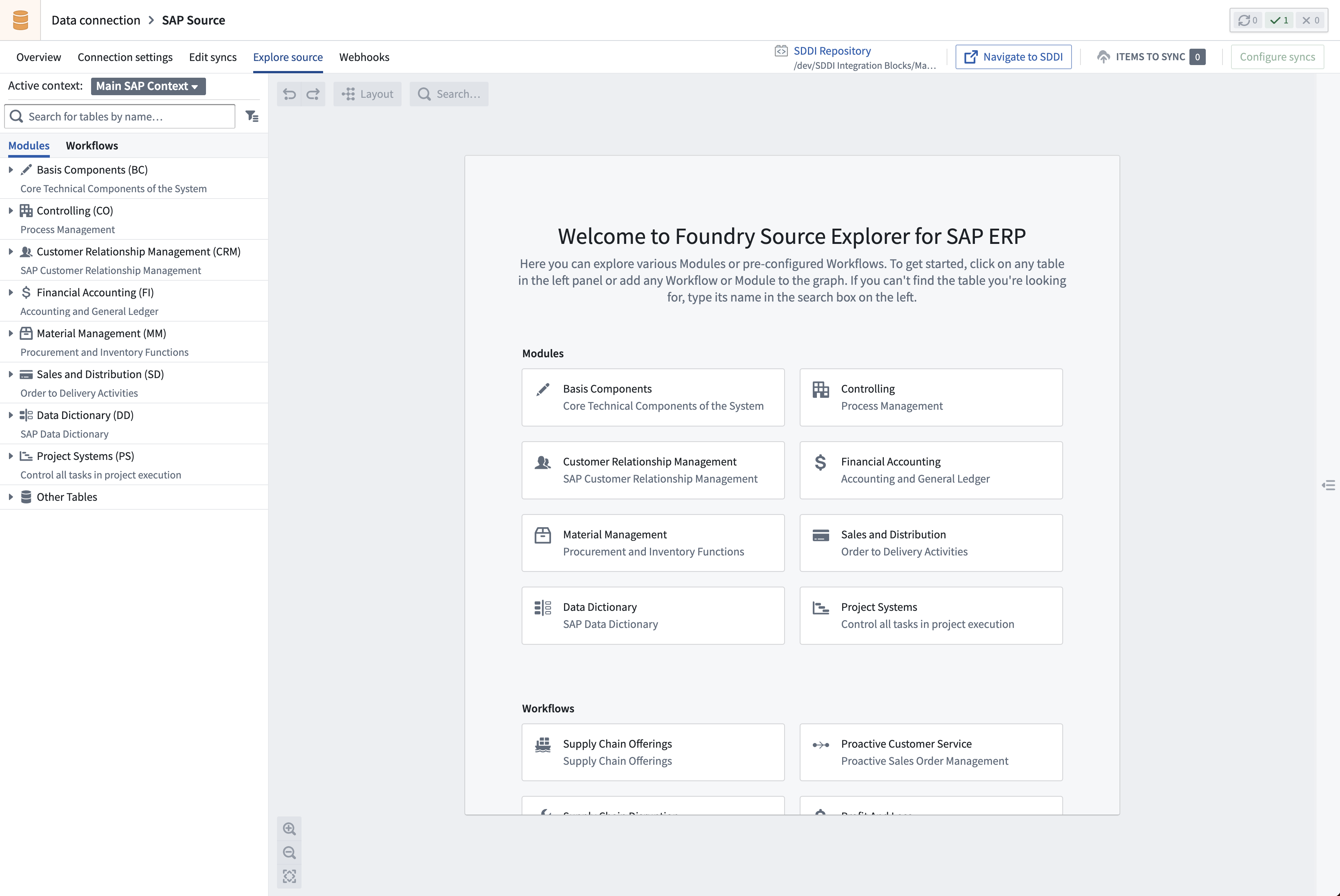 SAP Explorer landing page with context selection.