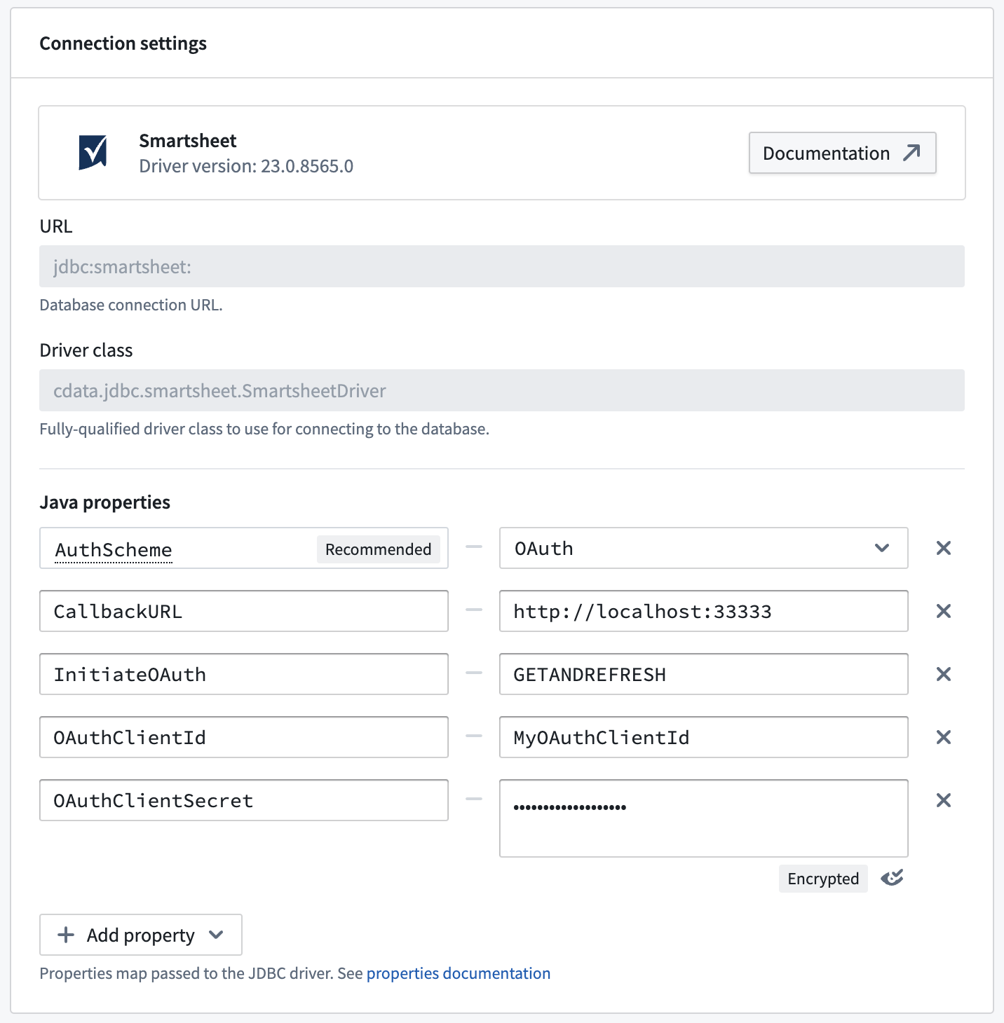 Smartsheet connection settings.