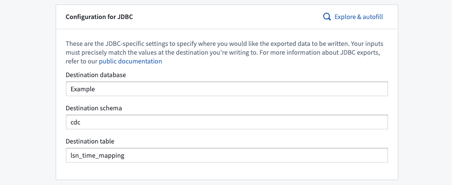 A zoomed-in view of the input form for the names of the destination table, schema, and dataset