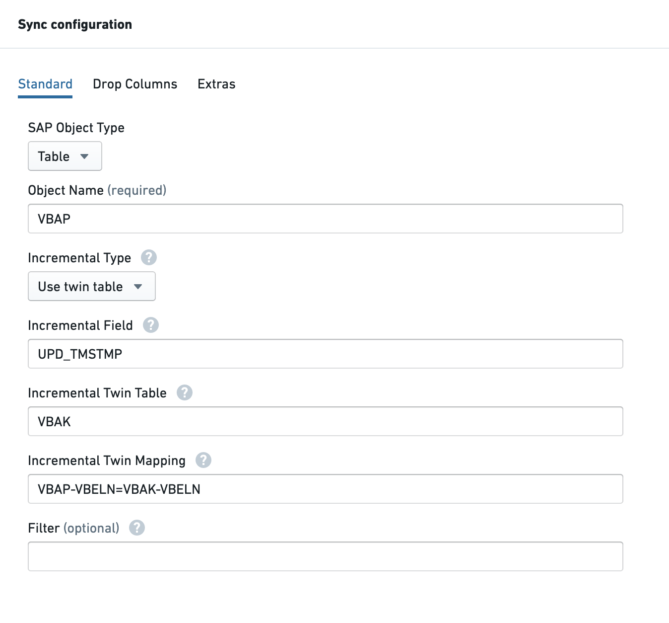 Twin table incremental configuration showing VBAP as the primary table and VBAK as the twin table.