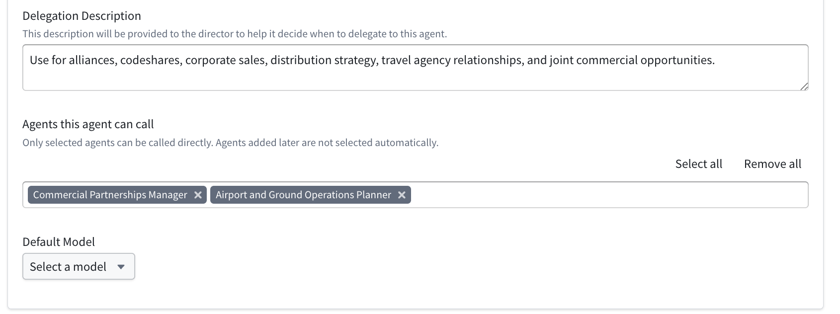 An agent profile contains a delegation description, permitted subagents, and a default model.