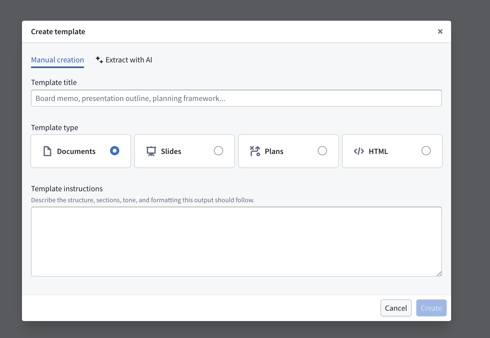 The Create template dialog provides options for documents, slides, plans, and HTML artifacts.