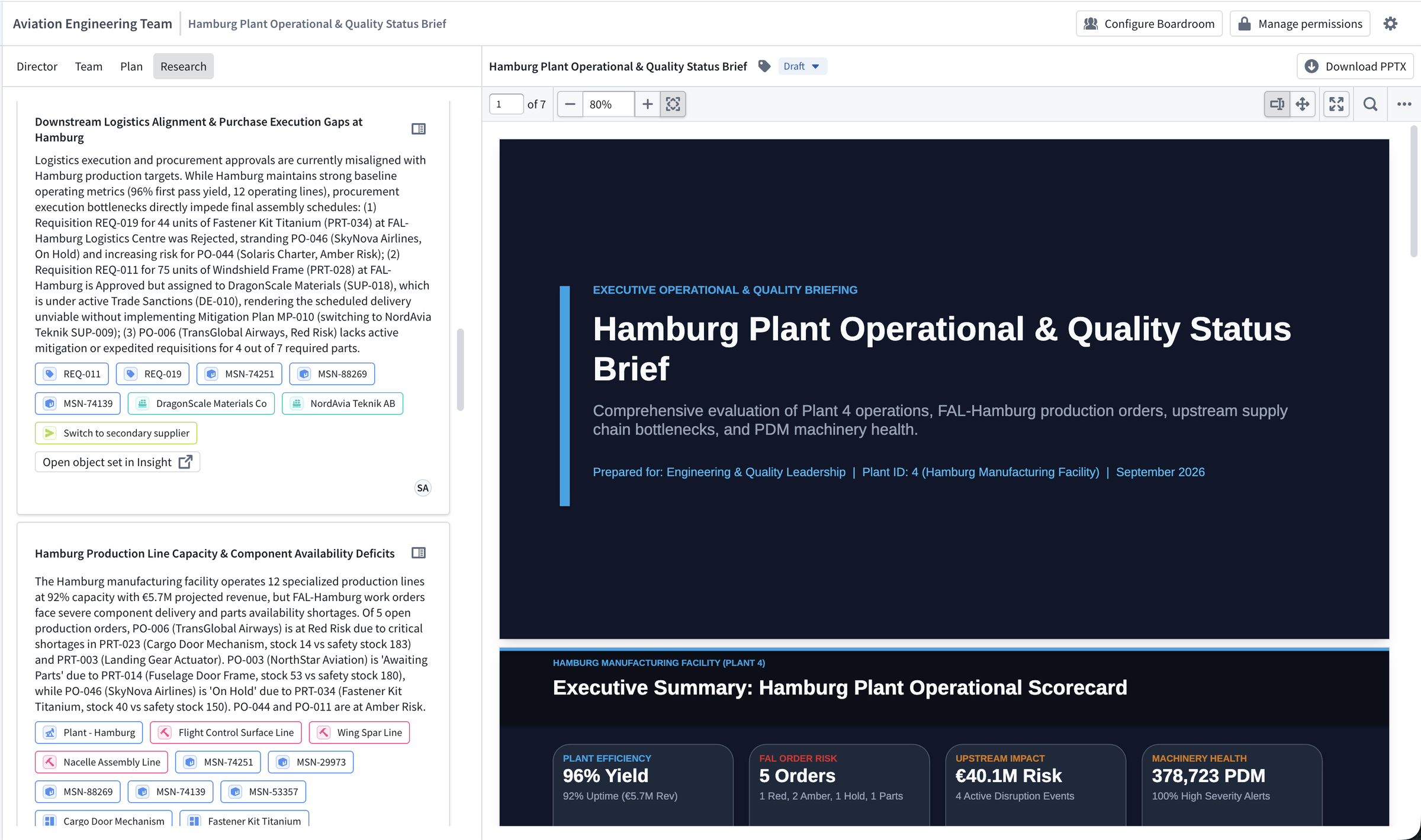 A slide deck workflow in a boardroom displays agent research next to a generated operational briefing.