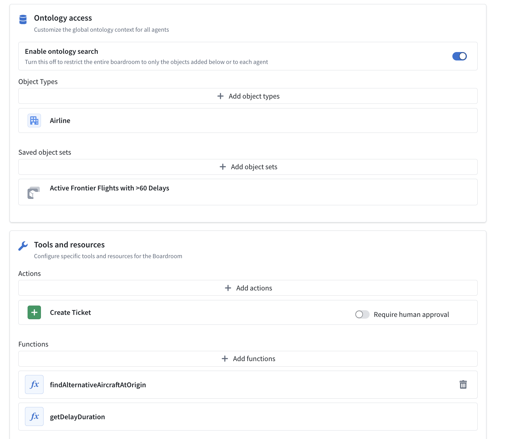 The global configuration includes Ontology context, an action that requires human approval, and functions available to the boardroom.