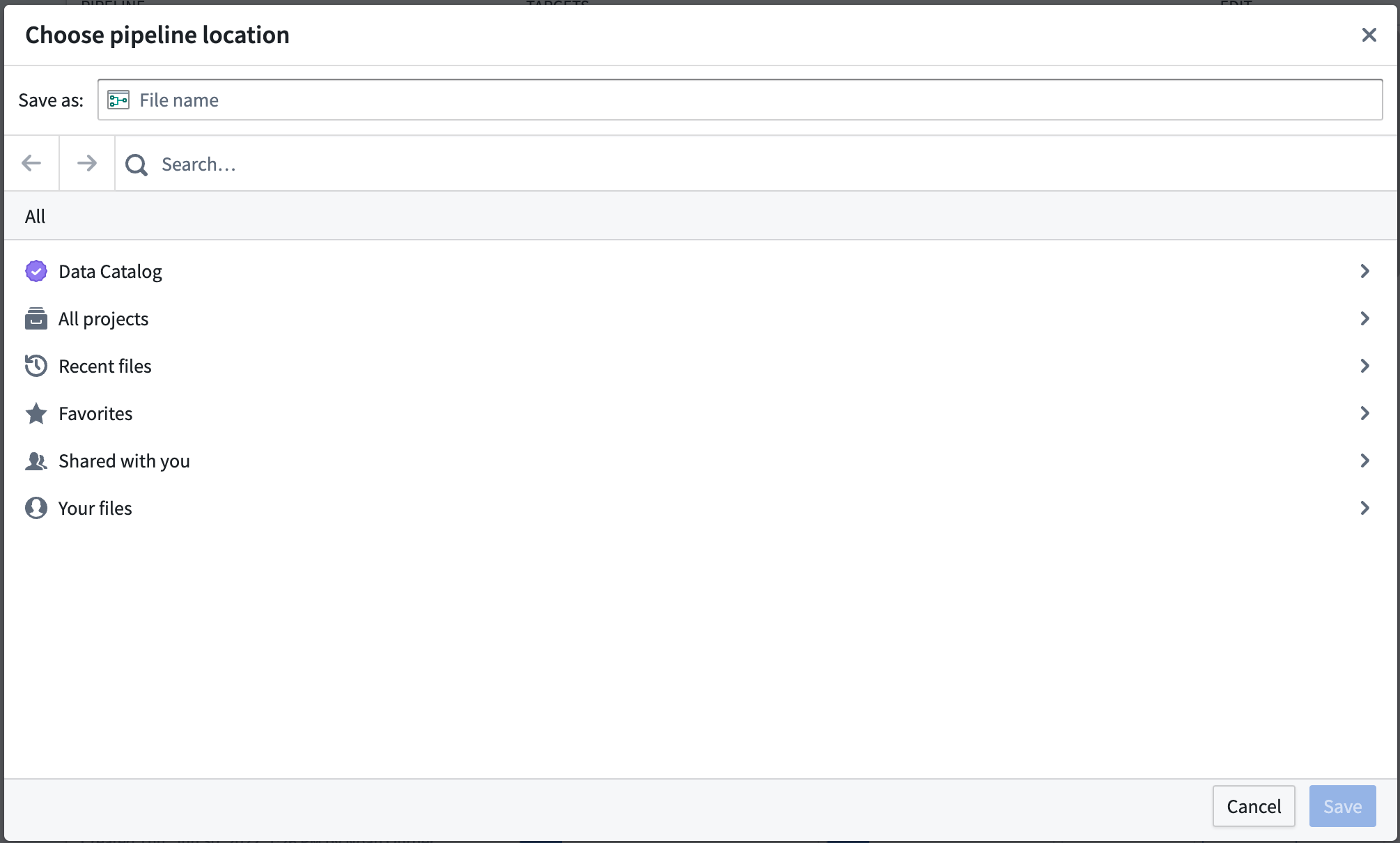 The choose pipeline location popover.