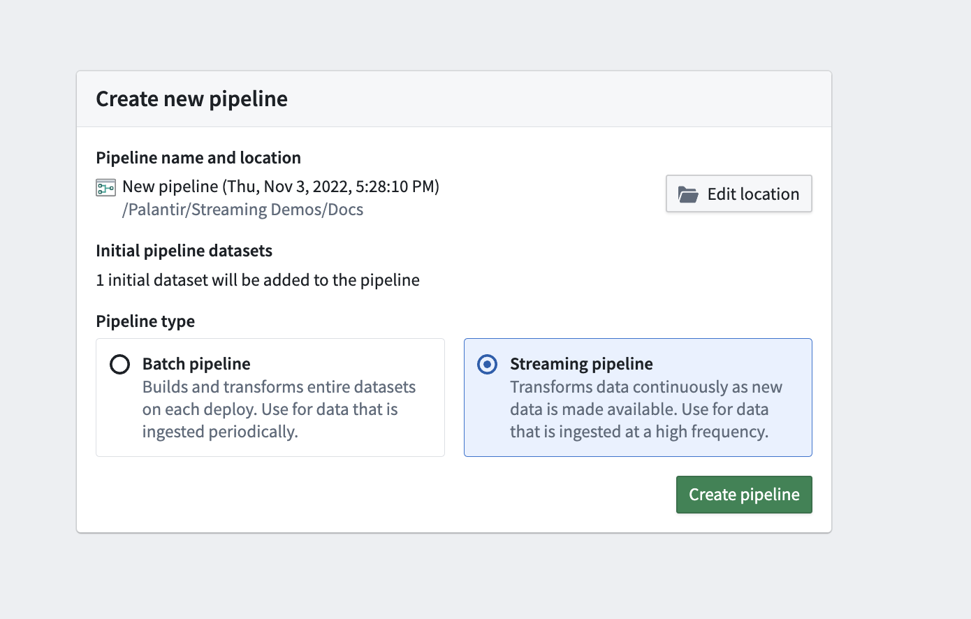 Screenshot of create builder stream pipeline