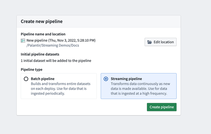 Screenshot of create builder stream pipeline