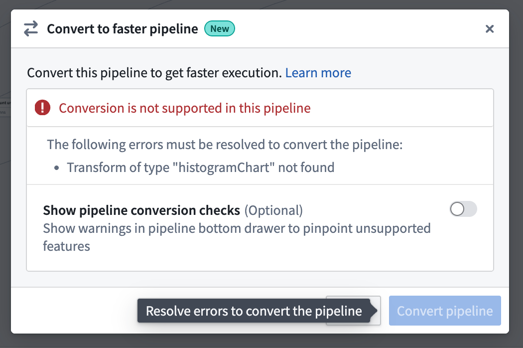 The dialog shows an unsuccessful conversion to a Faster pipeline with a warning listing incompatible features.