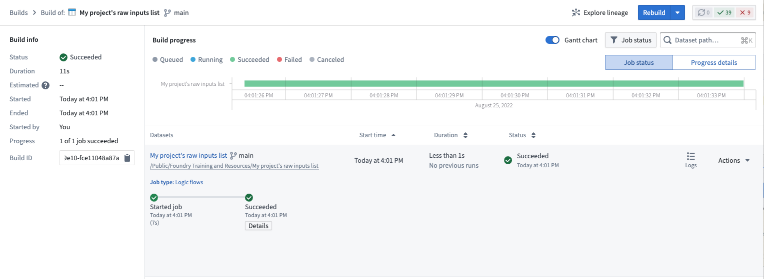 Builds application showing Logic flows job