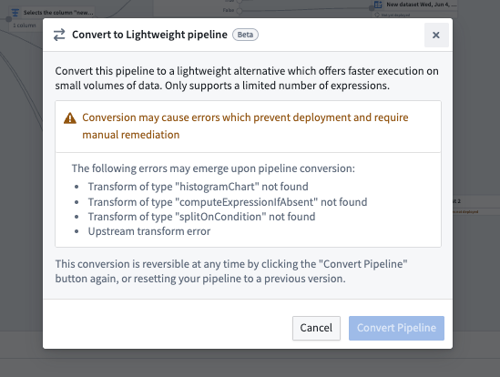 Screenshot of a unsuccessful convert to Lightweight pipeline dialog