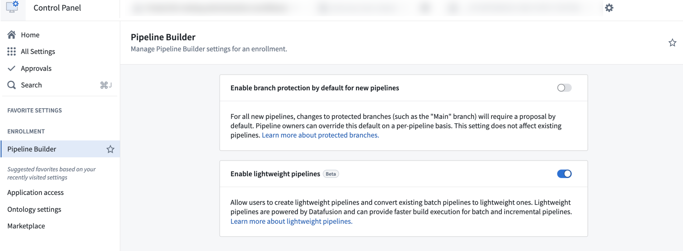 The "Enable lightweight pipelines" toggle for Pipeline Builder in Control Panel