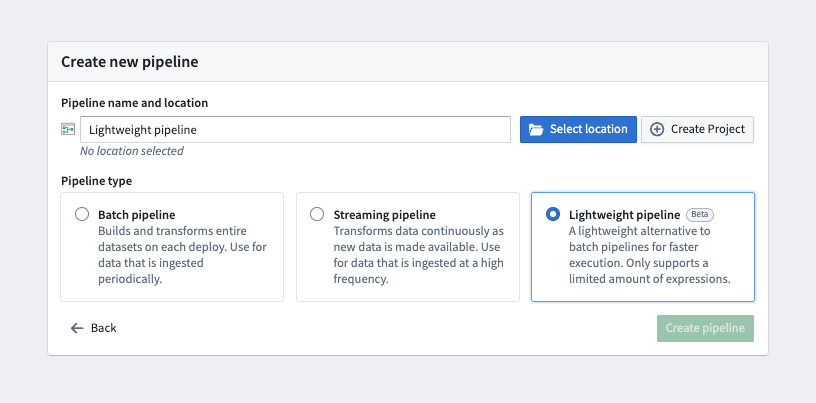 Screenshot of Pipeline selection