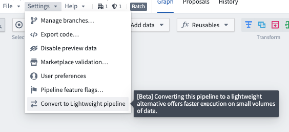 Screenshot of pipeline settings "Convert to Lightweight pipeline" option