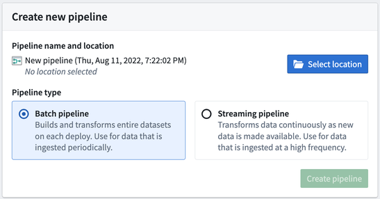 Screenshot of Pipeline selection