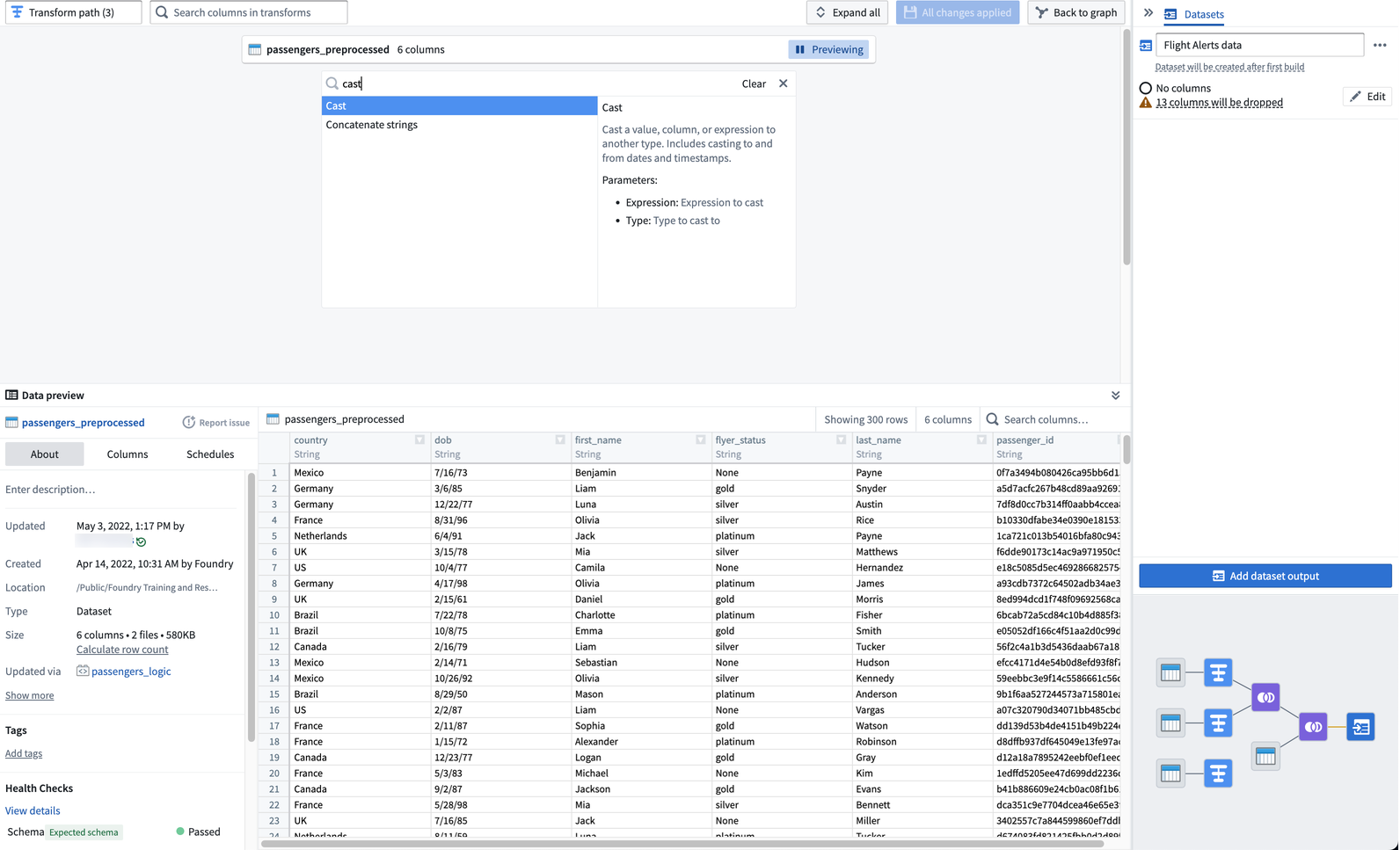 Screenshot of Passengers_preprocessed dataset in transform view