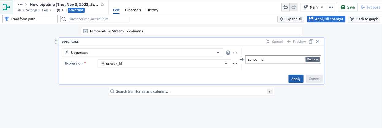 Screenshot of builder stream uppercase transform