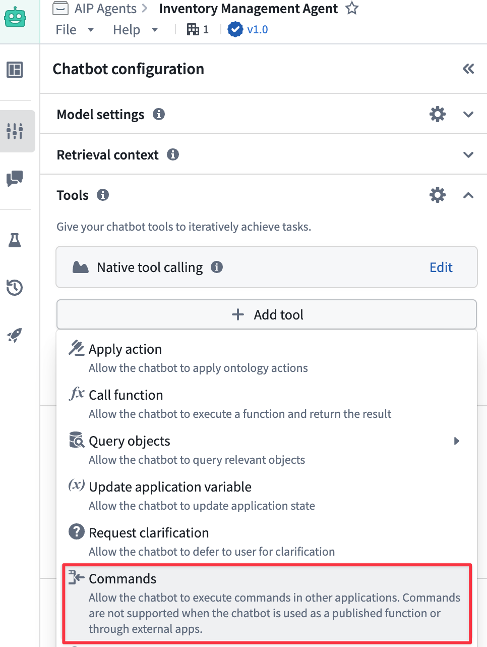 The chatbot configuration panel displays the Tools section.