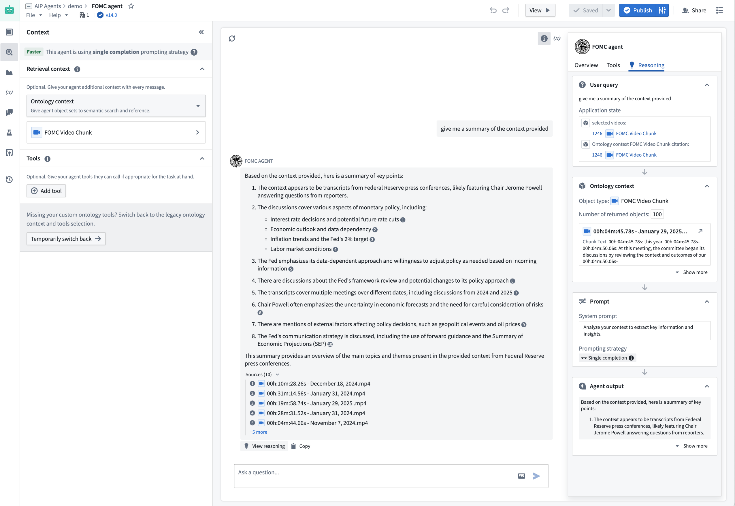 AIP Chatbot Studio编辑页面的截图,其中描述了上面的AIP Agent。