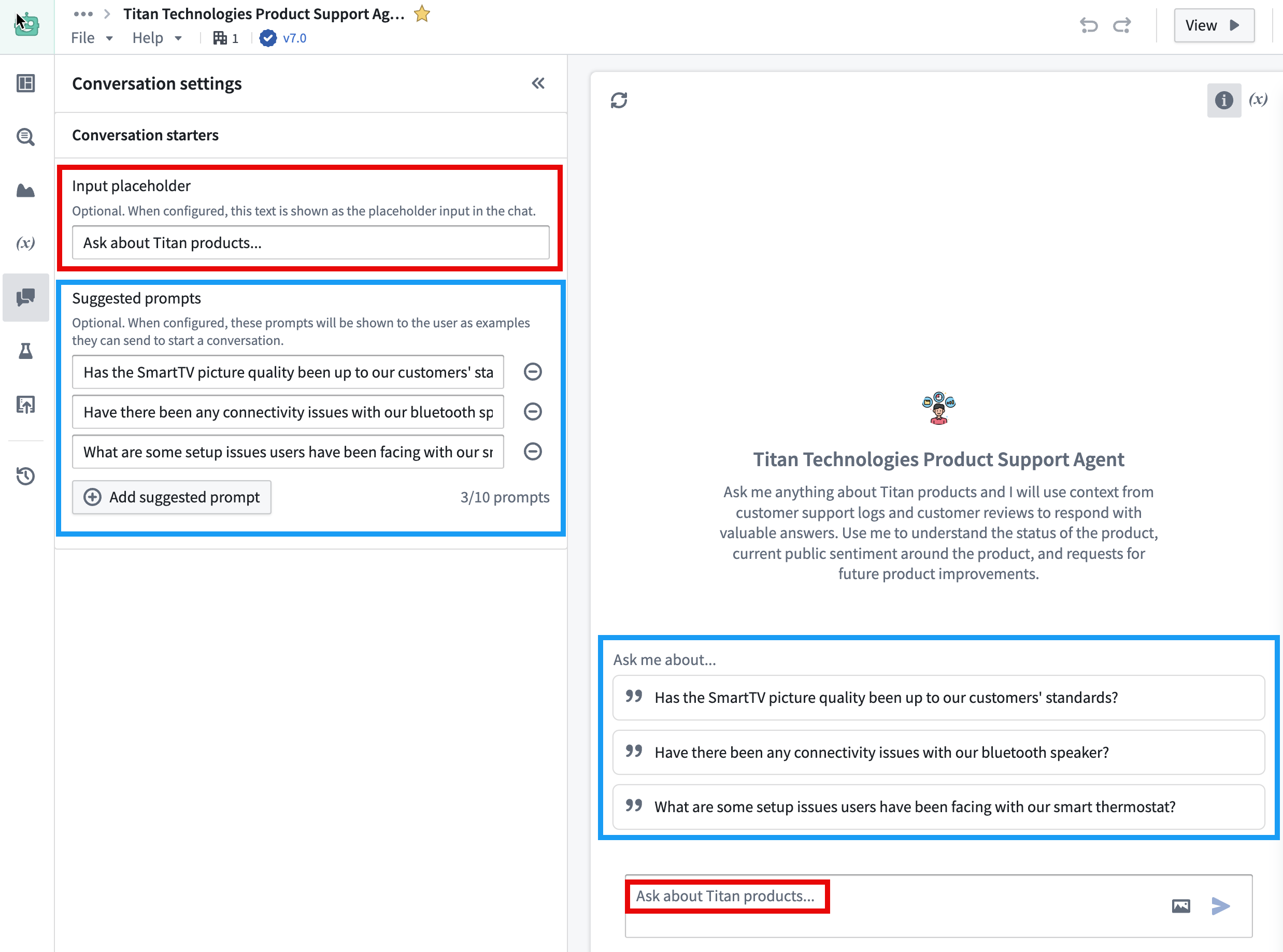 AIP Chatbot Studio edit view, highlighting option to change the input placeholder and suggested prompts.