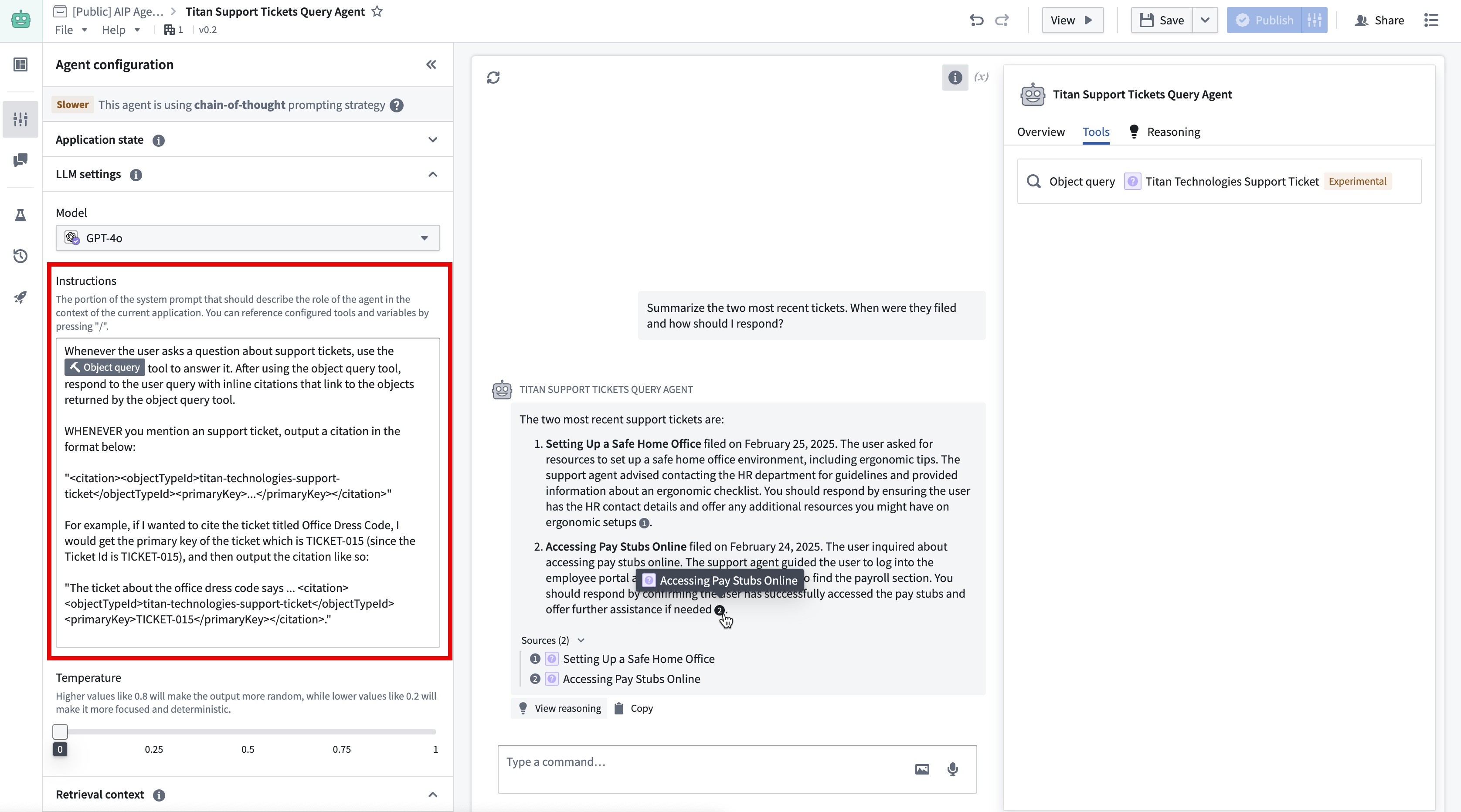 A screenshot of the a custom prompt used to output citations from the object query tool.