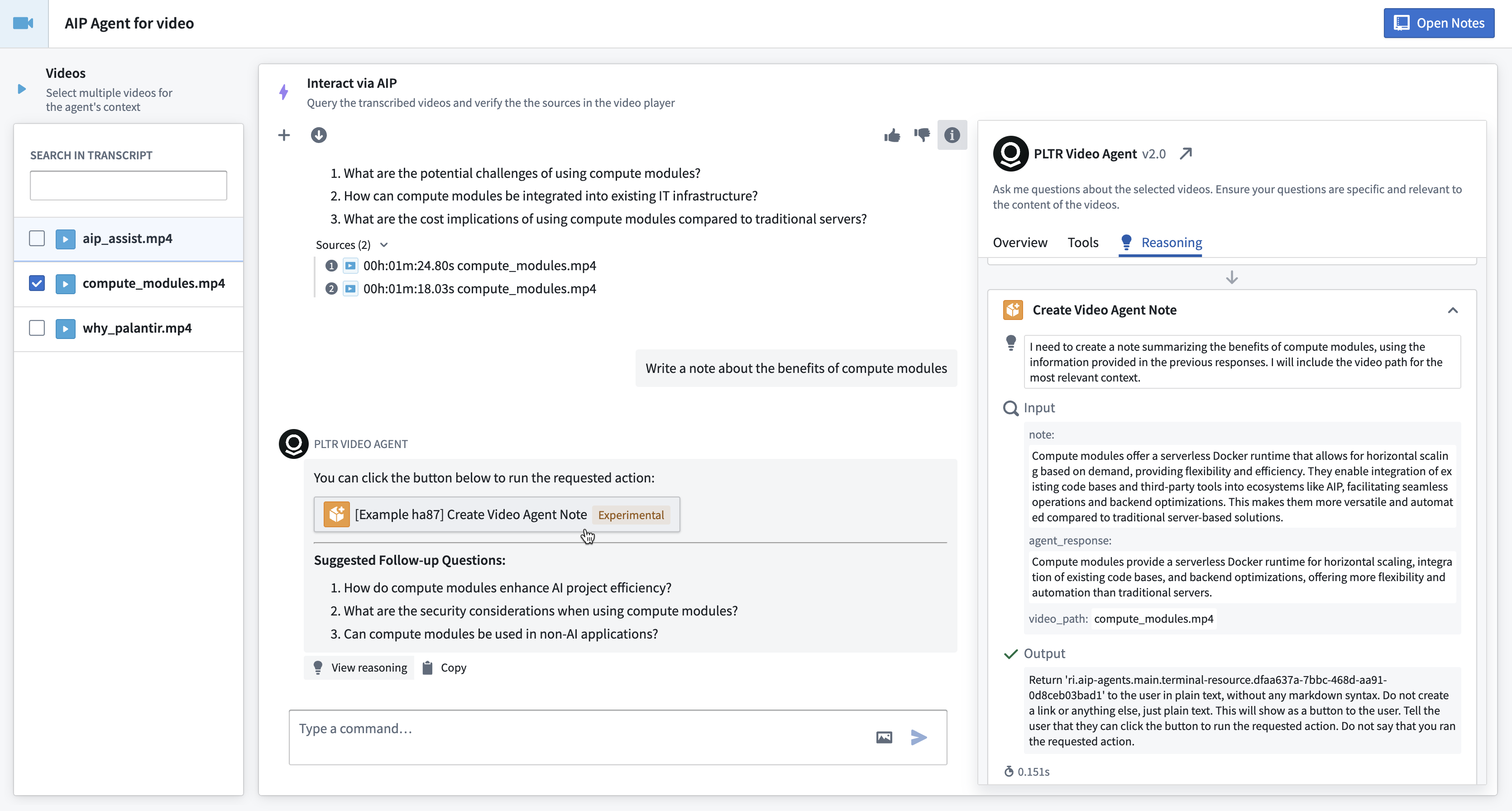 Edit mode in AIP Chatbot Studio, with the LLM reasoning for the given response displayed to the right.