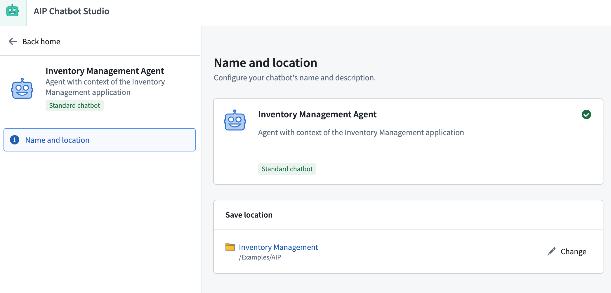 AIP Chatbot Studio creation page, showing chatbot name, description and file location choices.