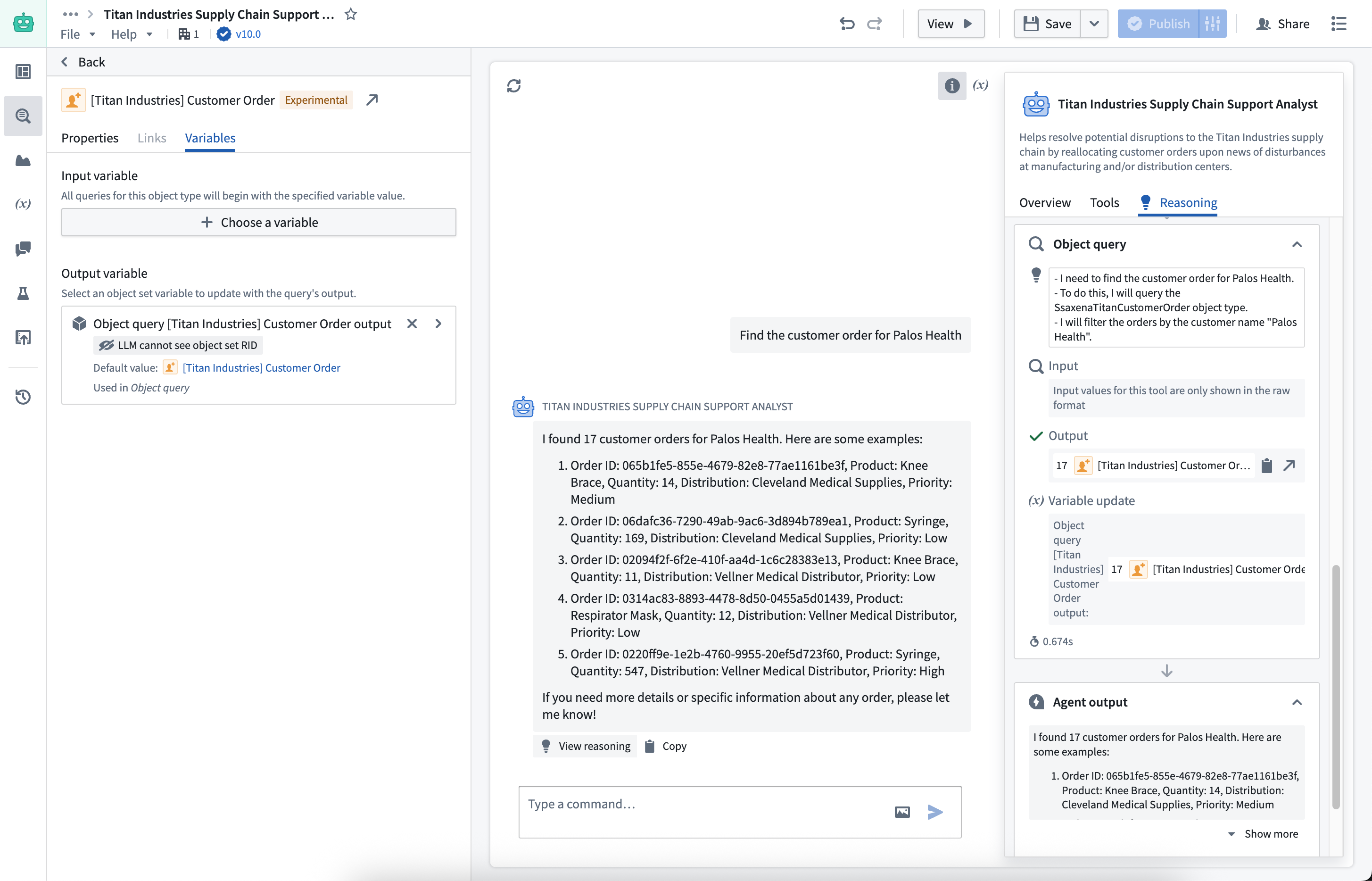 Configure an AIP Chatbot's output variable for the object query tool.