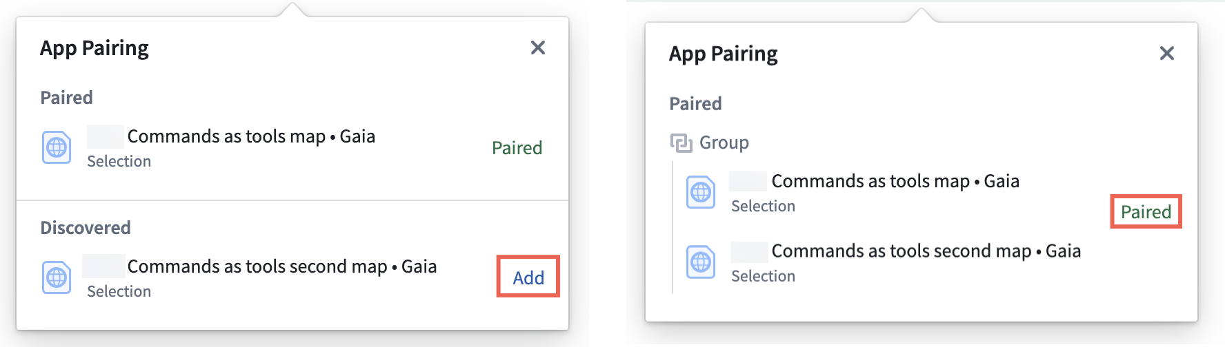 The App Pairing pop-up shows multiple Gaia maps a user can pair.