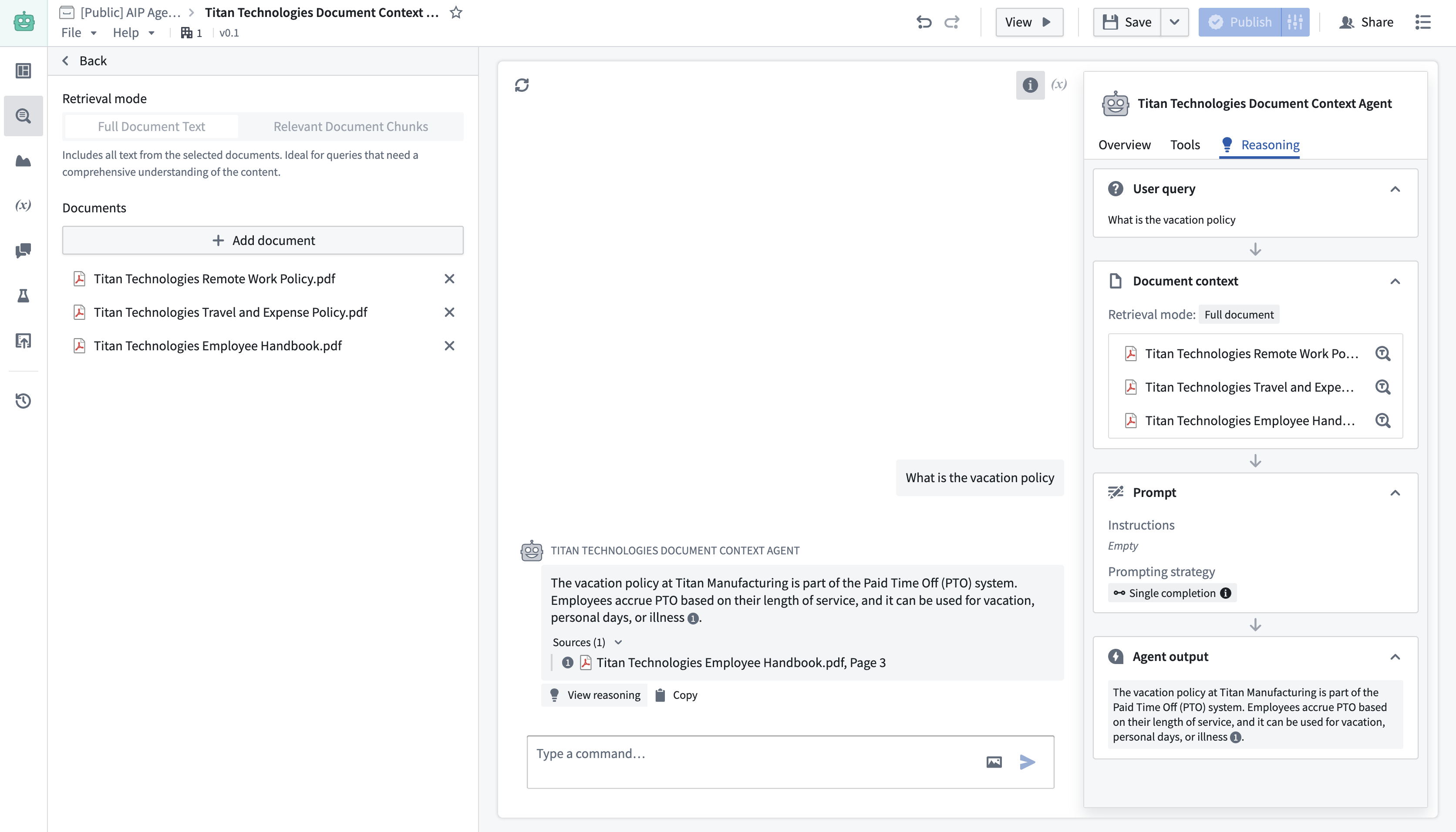 A screenshot of AIP Chatbot Studio edit page with document context configured.