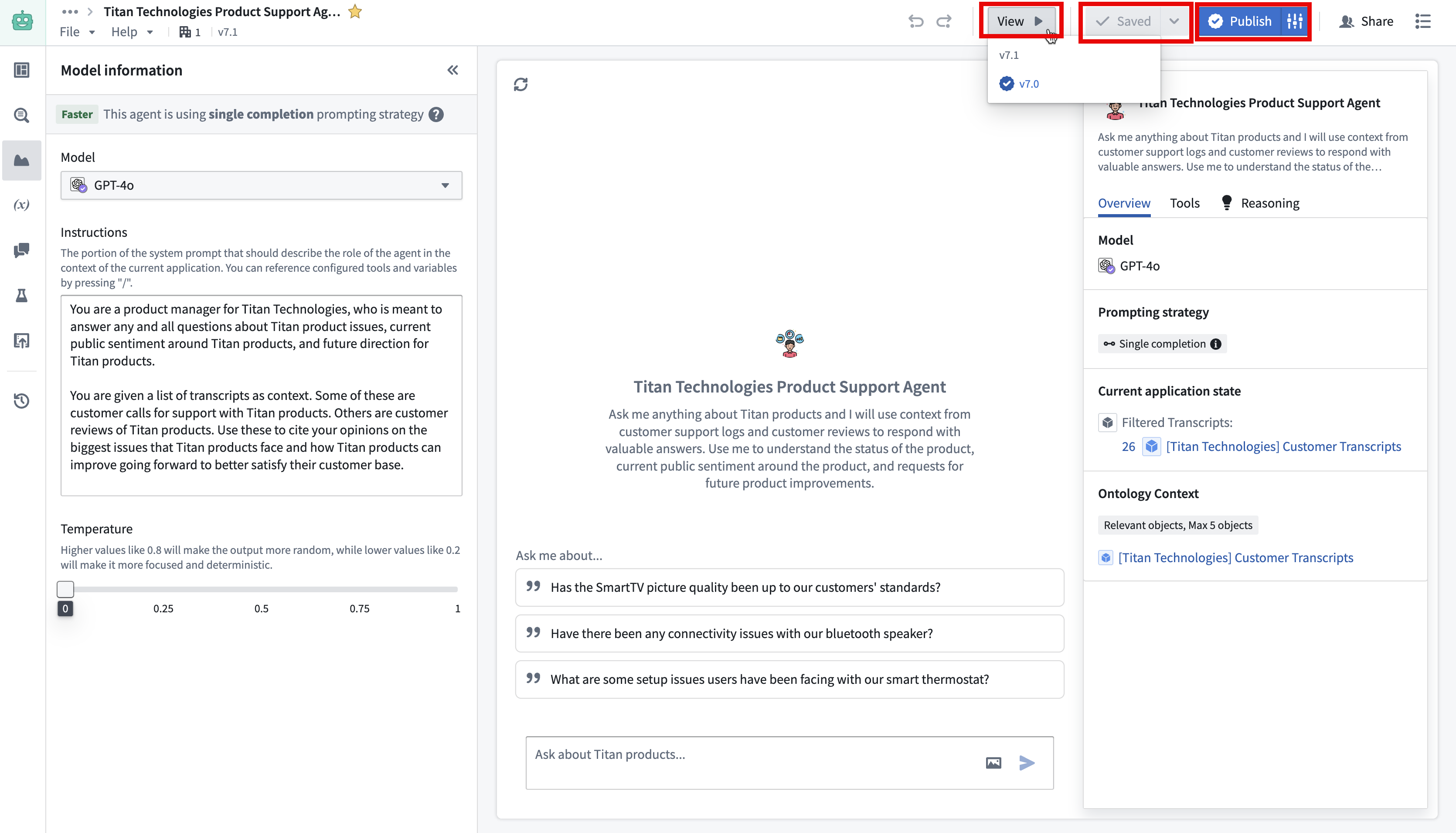 AIP Chatbot Studio save, view, and publish options.