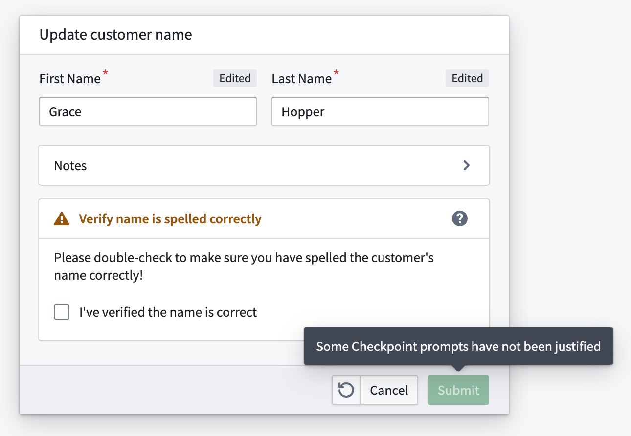 Screenshot showing checkpoint prompt embedded within an Action form