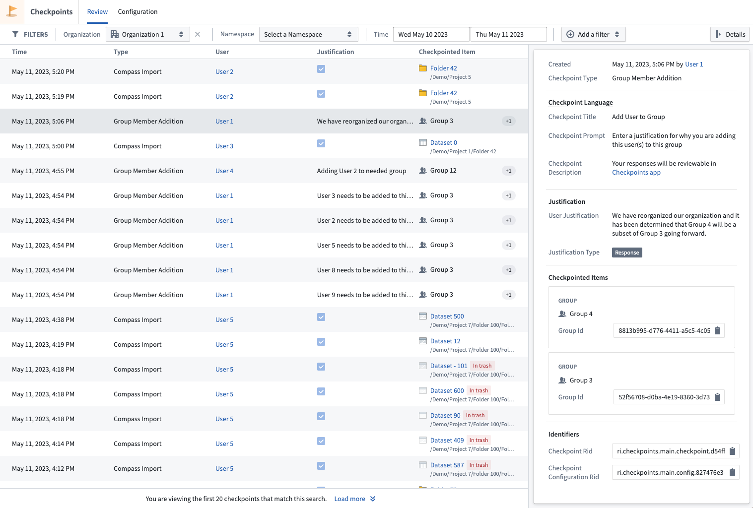 Screenshot of checkpoints organization administrator review workflow in checkpoints application