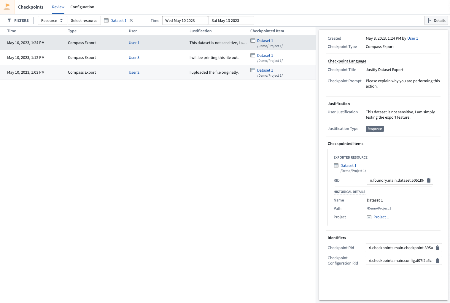 Screenshot of resource-based review workflow in checkpoints application