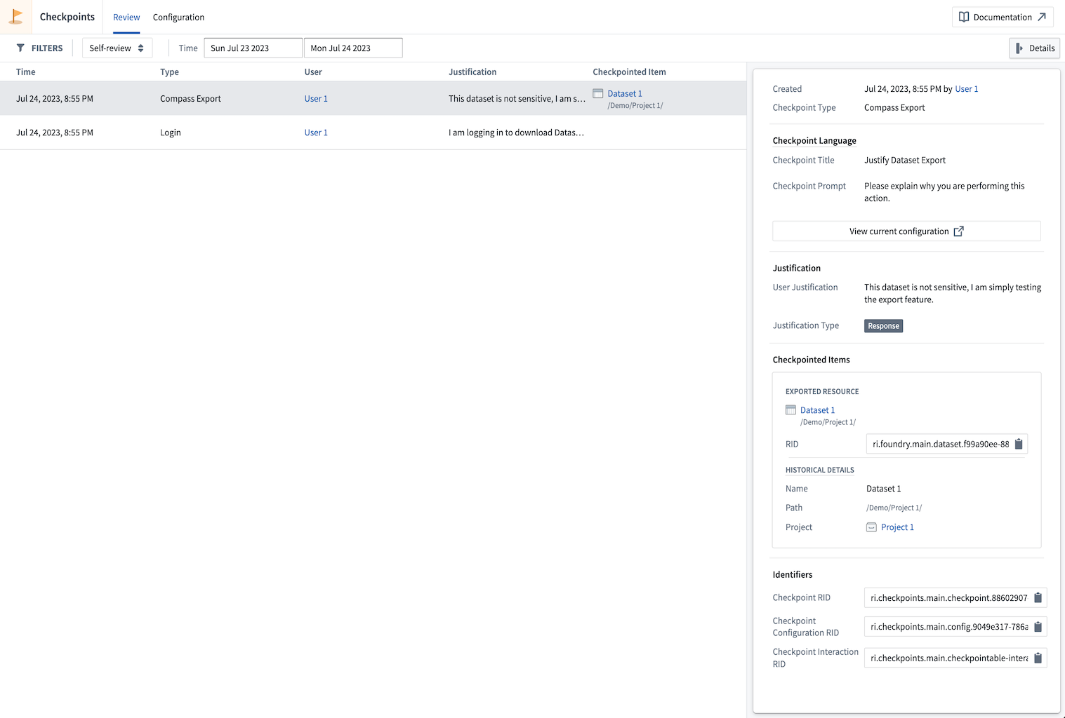 Screenshot of self review workflow in checkpoints application