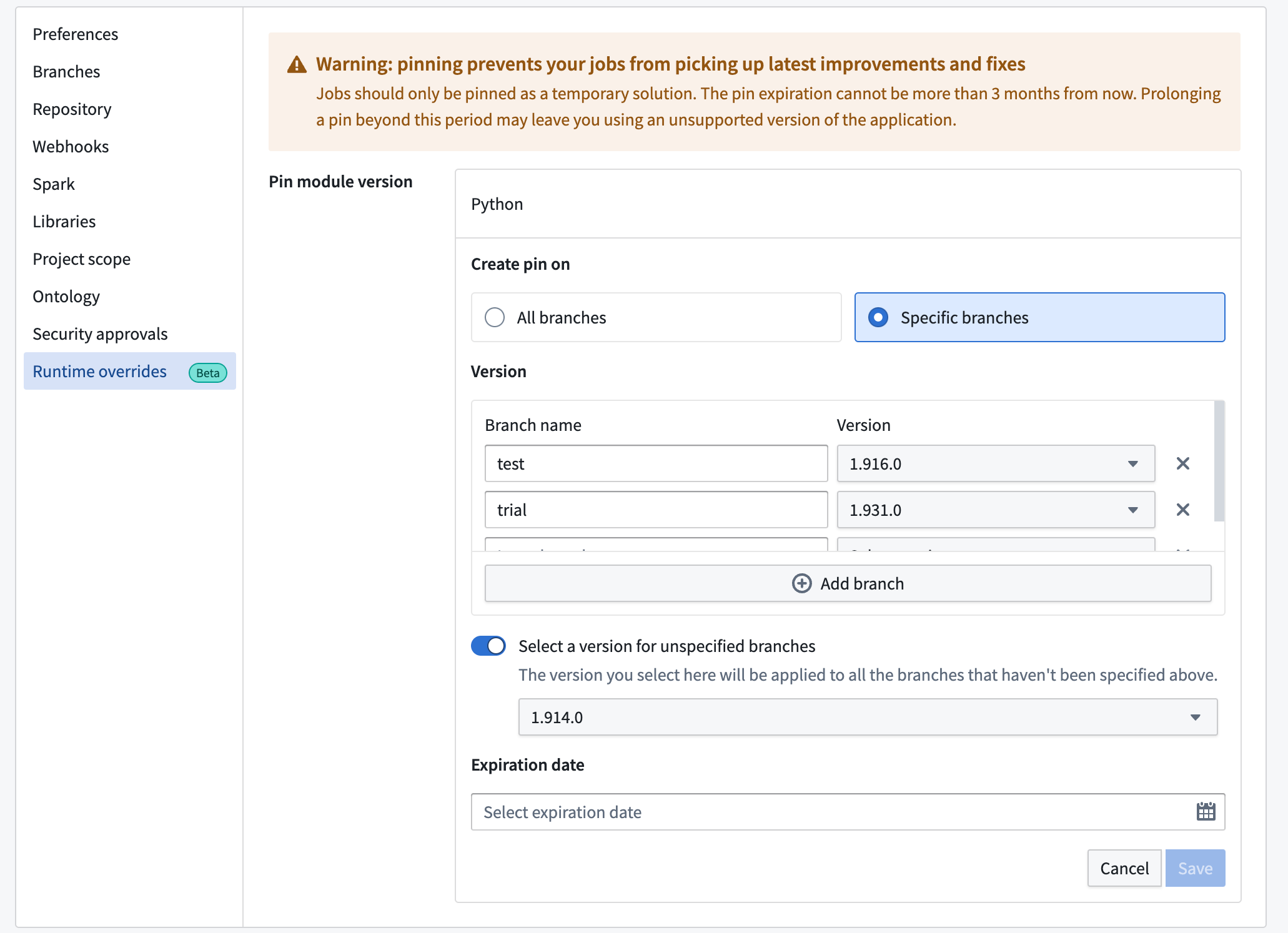 Selecting versions per branch