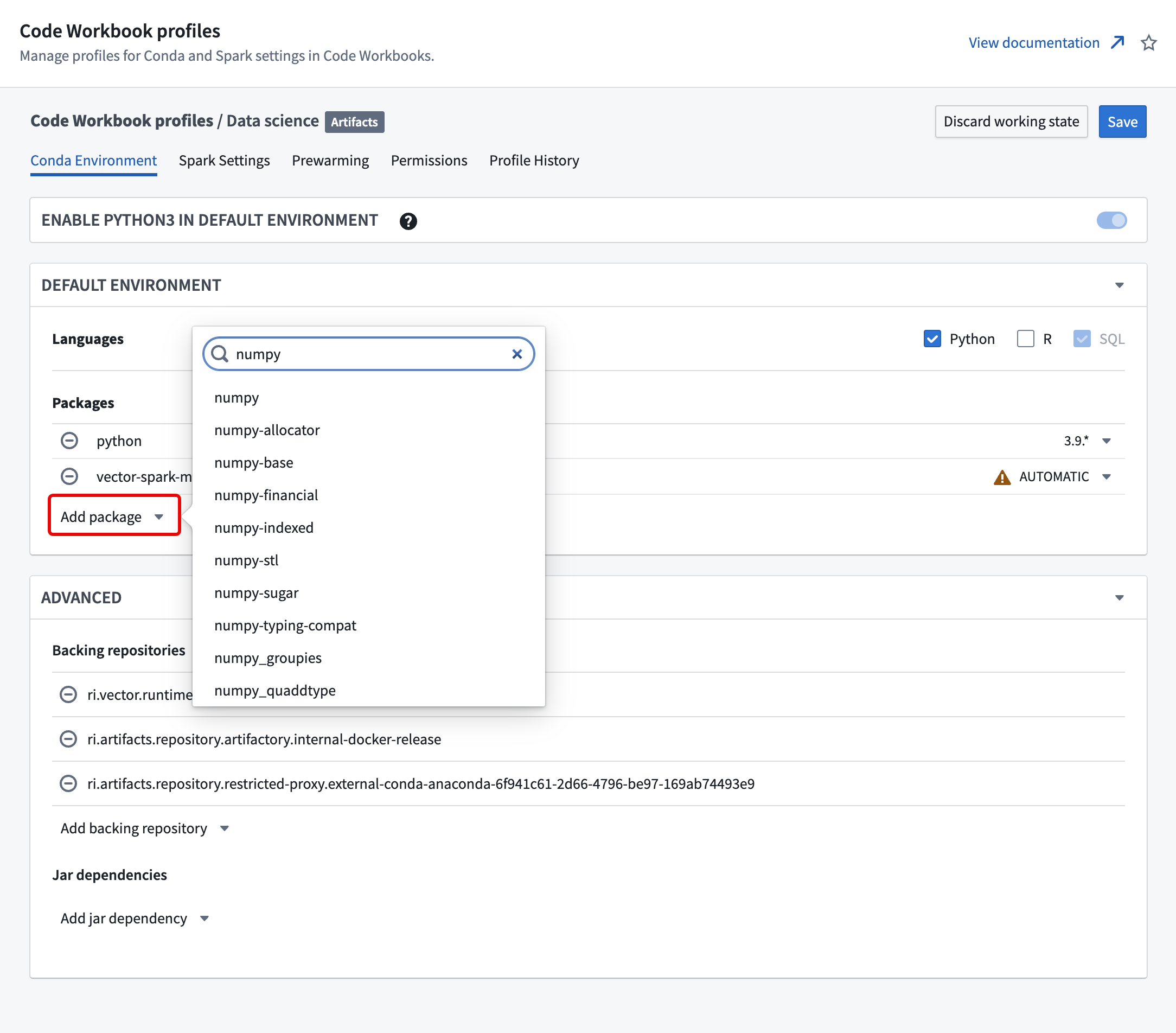 Anaconda packages can be added to a Code Workbook profile.