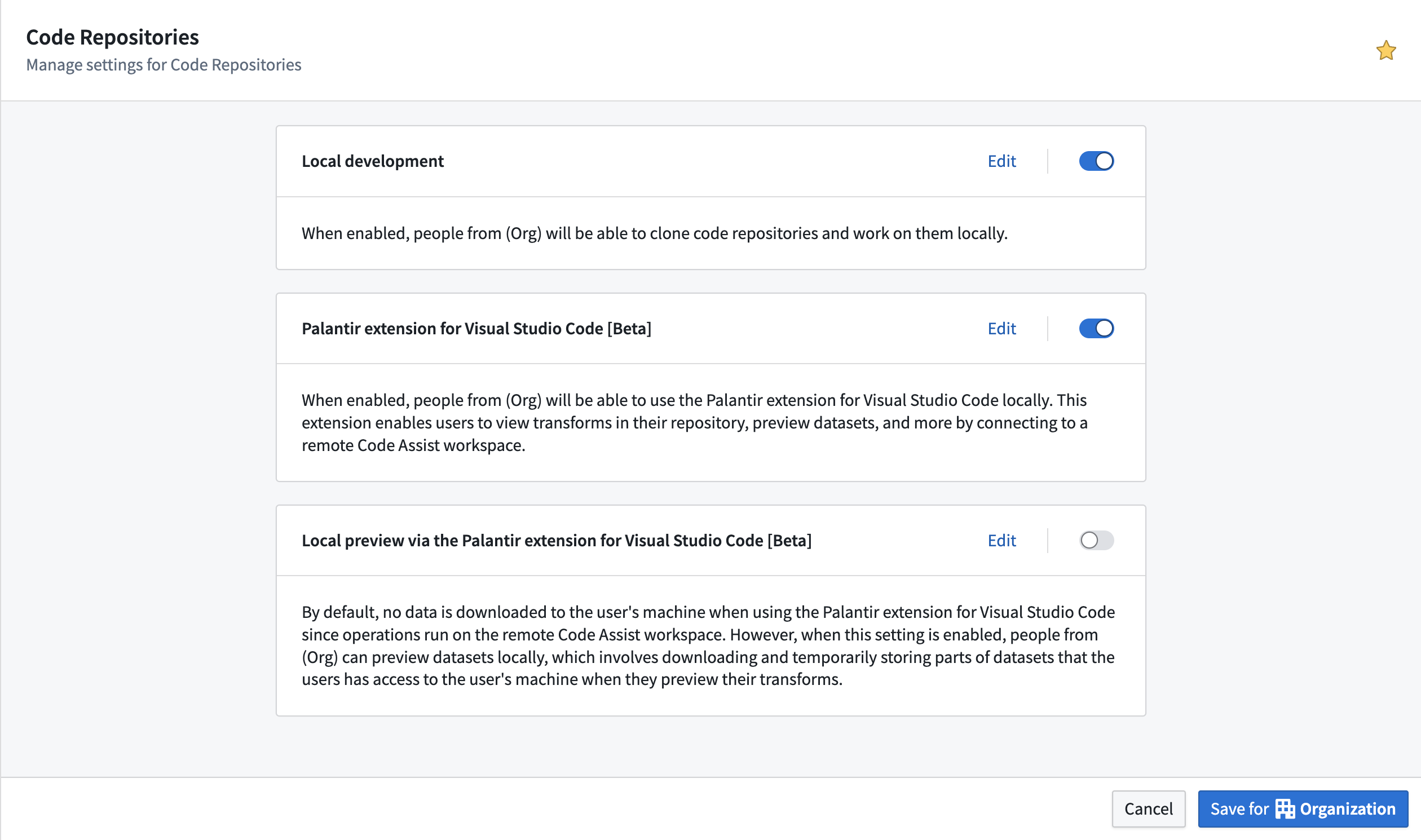 The Code Repositories settings section in Control Panel.