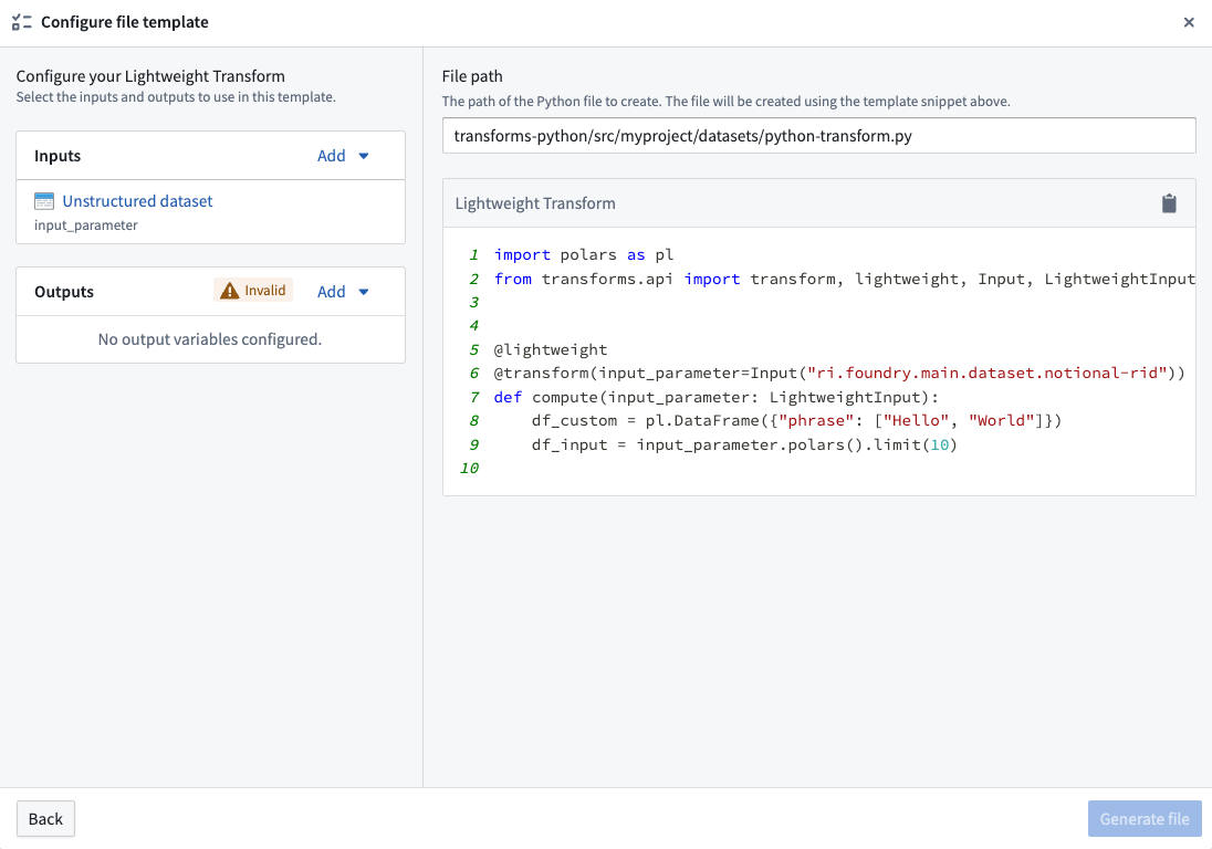 The configuration page of the wizard, displaying the required input and output variables