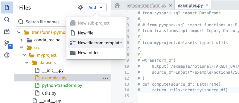 The 'New file from template' menu option in the 'Add' menu of Code Repositories