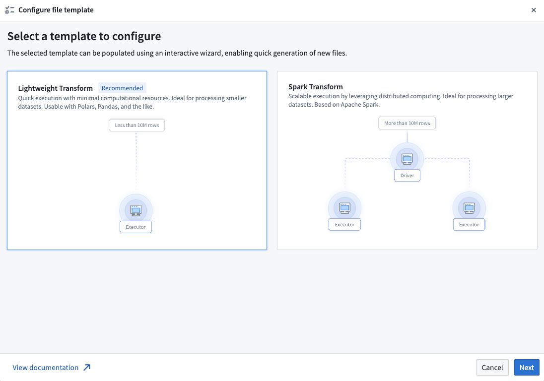 The template selection page of the wizard, with options for Spark and Lightweight transforms