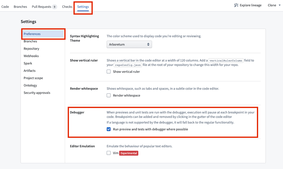 Debugger configuration in Settings