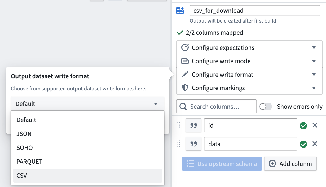 Set output format to CSV in Pipeline Builder