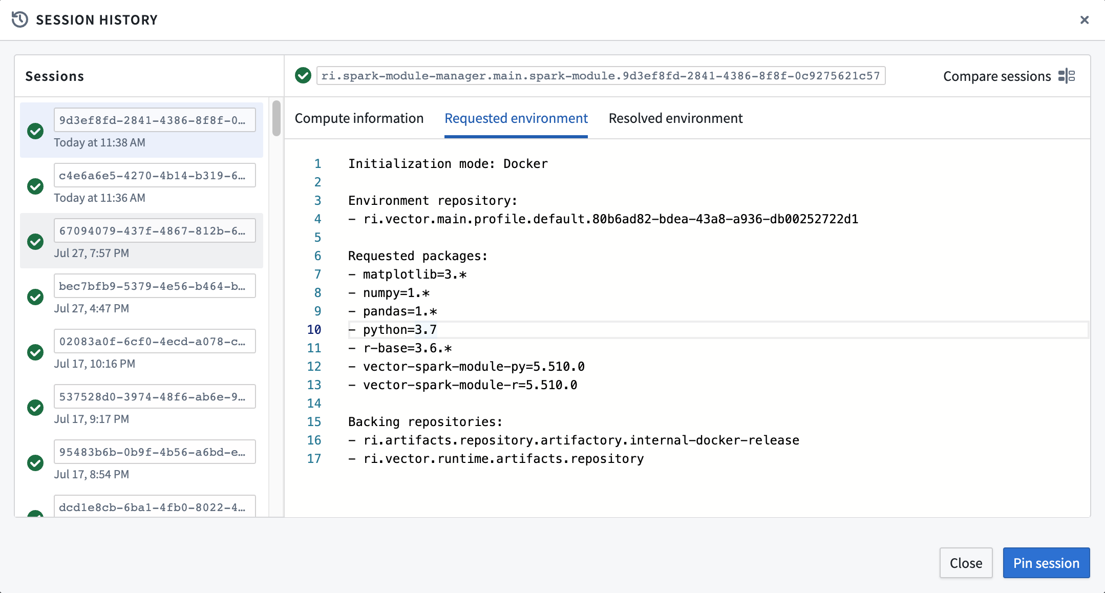 Session history window