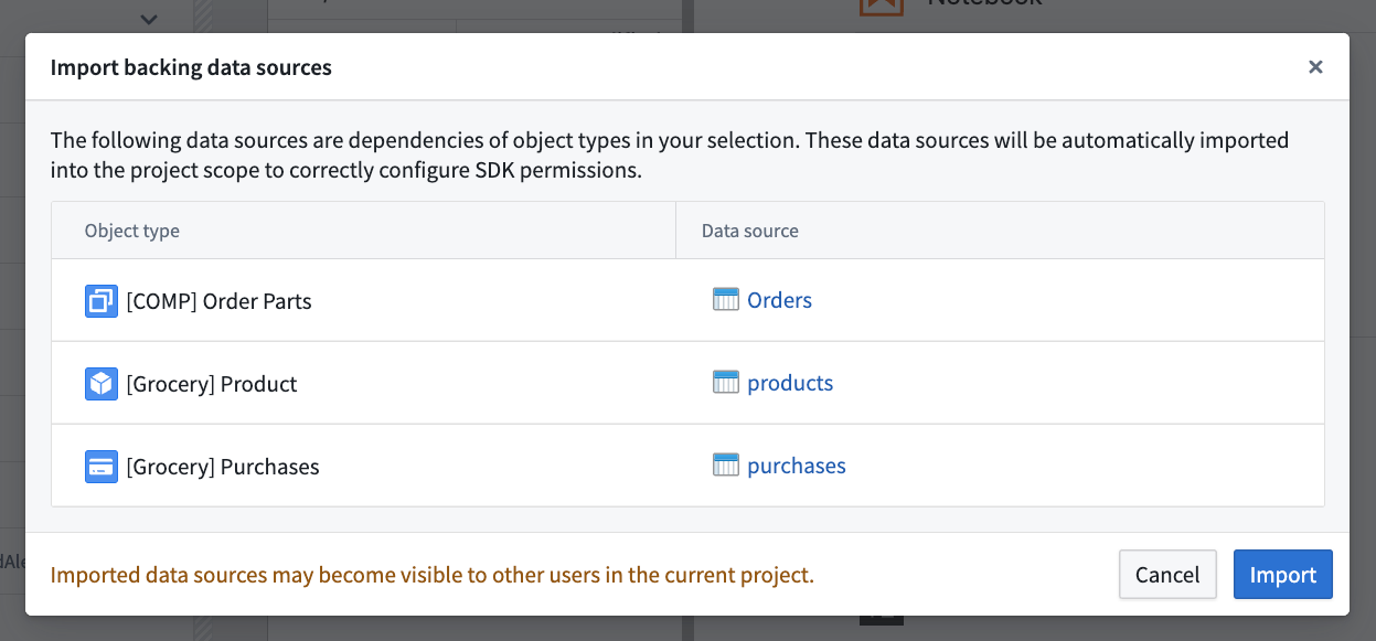 Dialog for confirming import of backing data sources