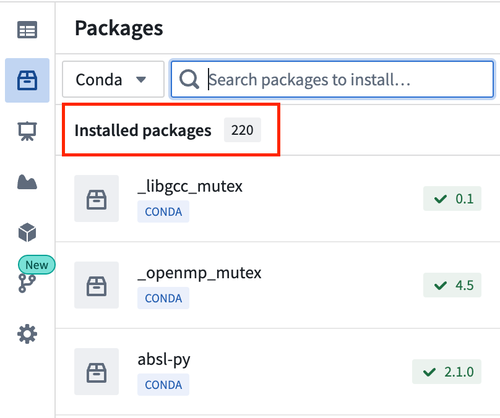 List of installed packages displayed in the Packages tab