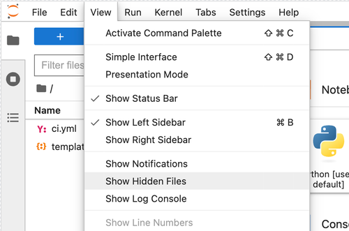 Dropdown menu in Jupyter interface to show hidden files