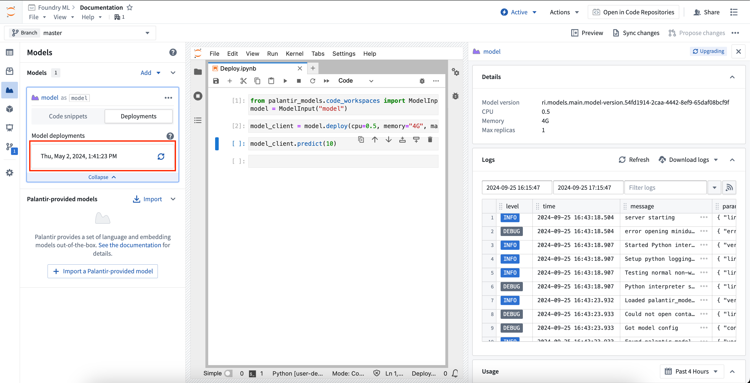 Model deployment view in Code Workspaces