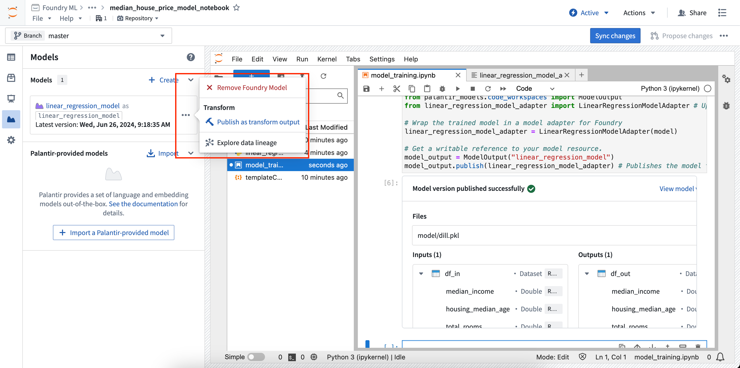 Model output transform configuration menu item.